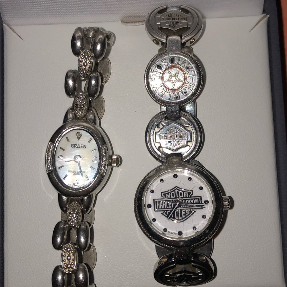 Gruen Silver Watch and Harley-Davidson Bracelet Set